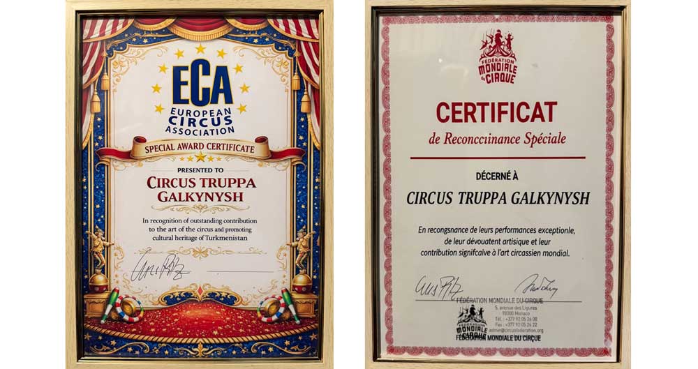 На очередном международном цирковом фестивале в Монте-Карло Группе национальных конных игр «Galkynyş» вручены международные сертификаты за большой вклад в цирковое искусство