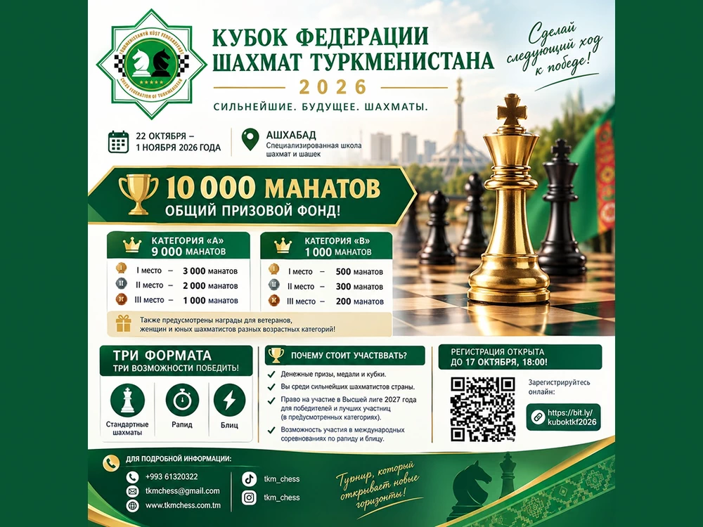 В Ашхабаде пройдёт Кубок Шахматной федерации Туркменистана с призовым фондом 10 000 манатов