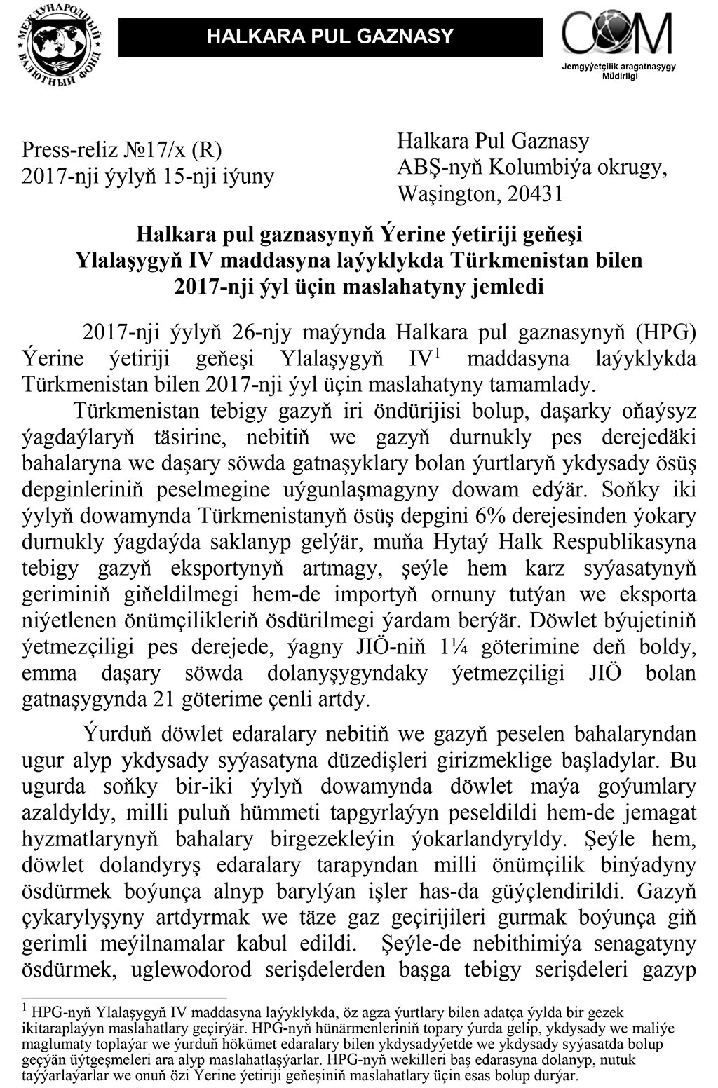 HPG: Türkmenistan ösüş depgimleri durnukly ýagdaýda saklanýar